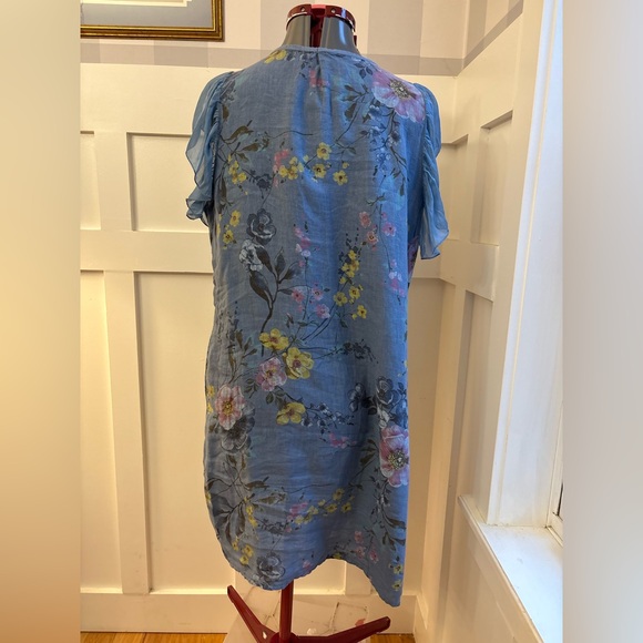 Italian Linen Floral Blue Dress Size Large - Picture 6 of 8